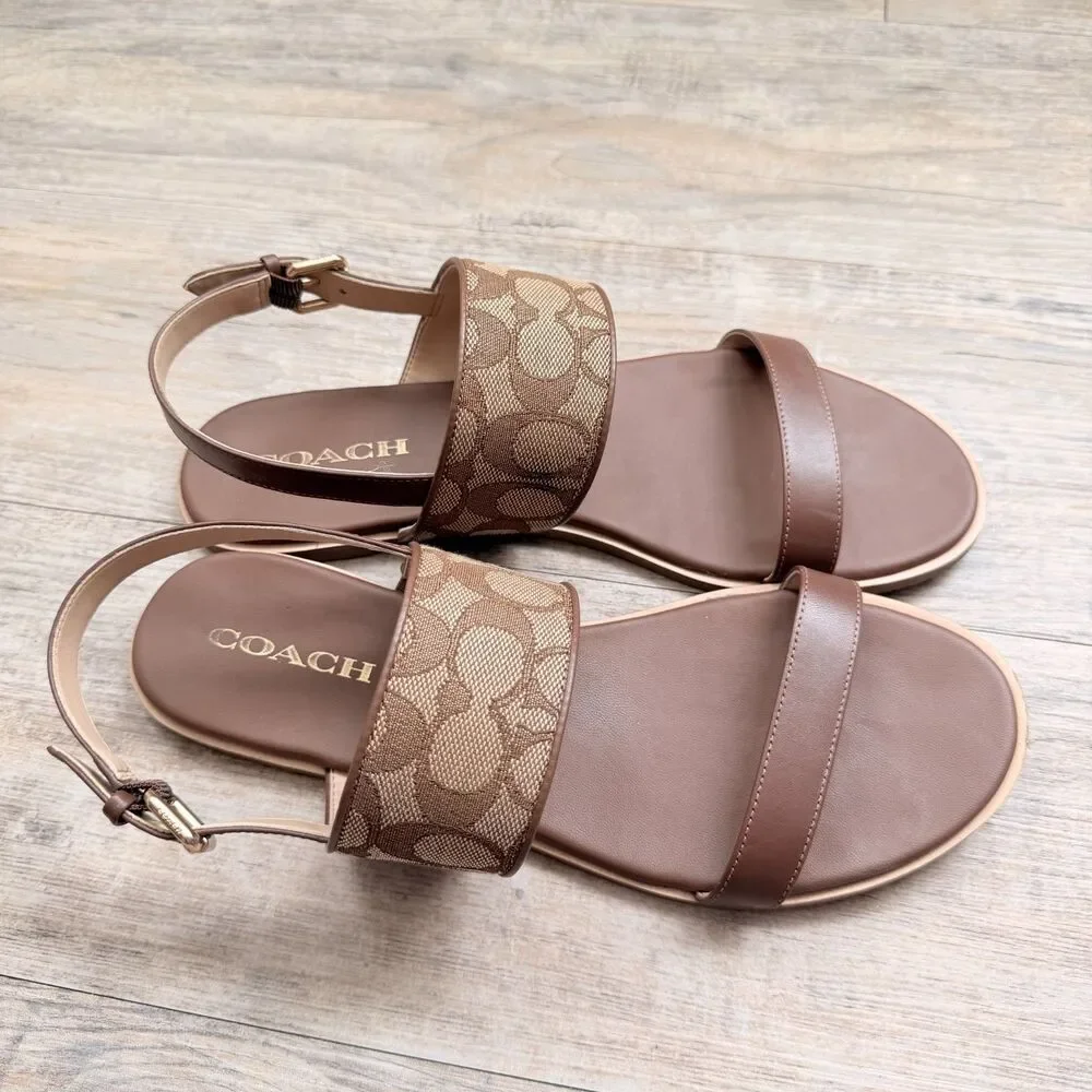 Coach Harley Sandal Signature Jacquard Brown Slingback Sandals Women's Size 10
